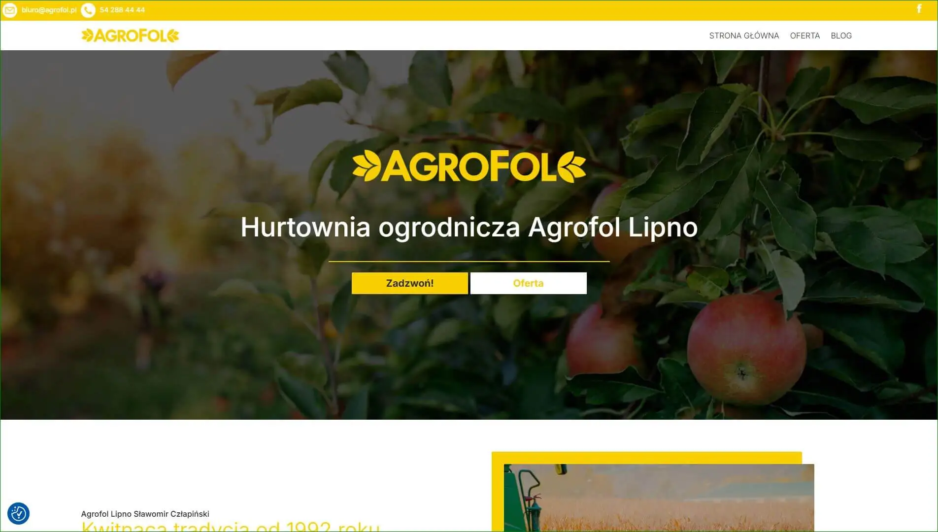 Strona hurtowni ogrodniczej Agrofol z fotografią sadu