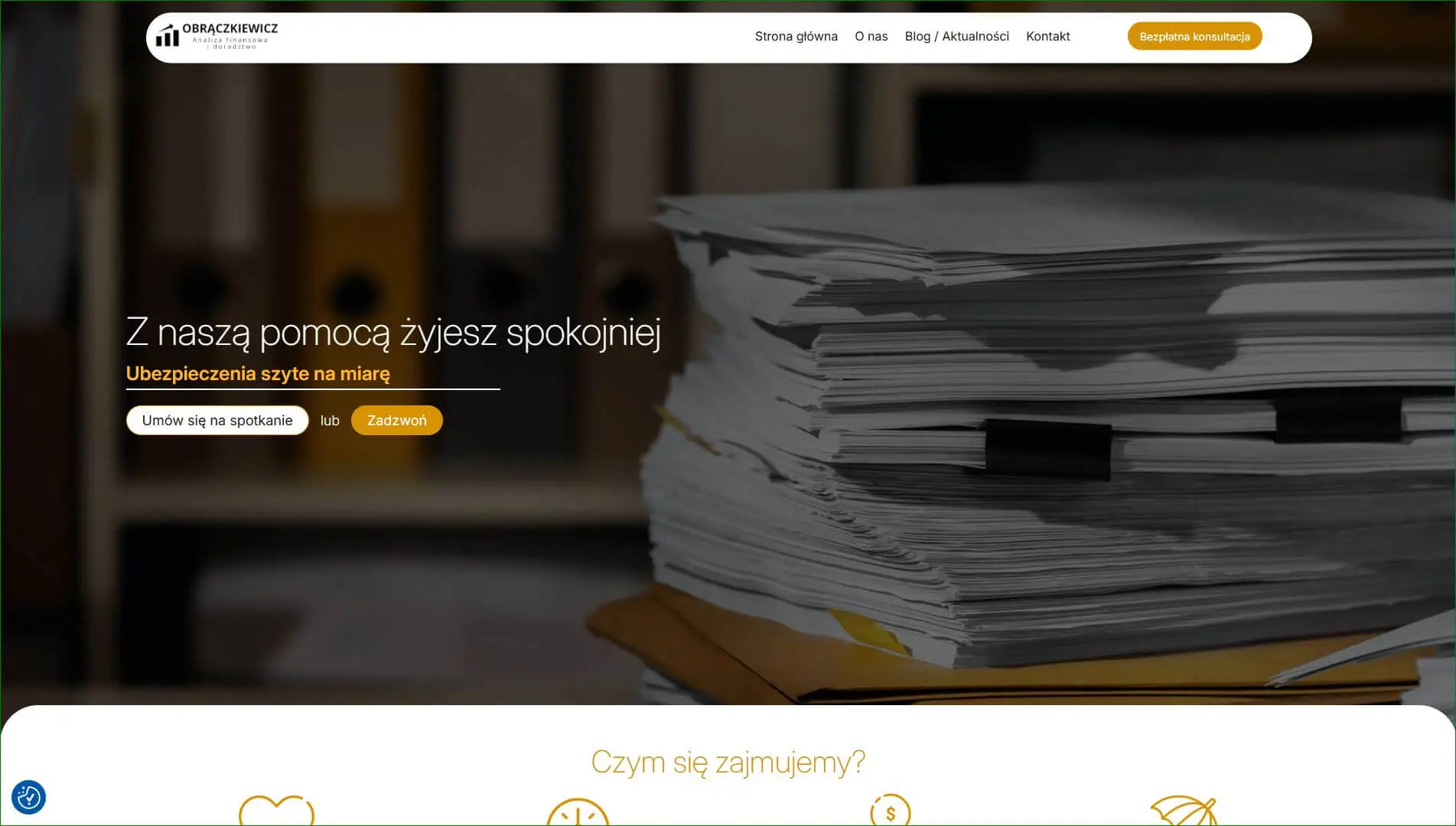 Zrzut strony Obrączkiewicz z portfolio Falkor Studio